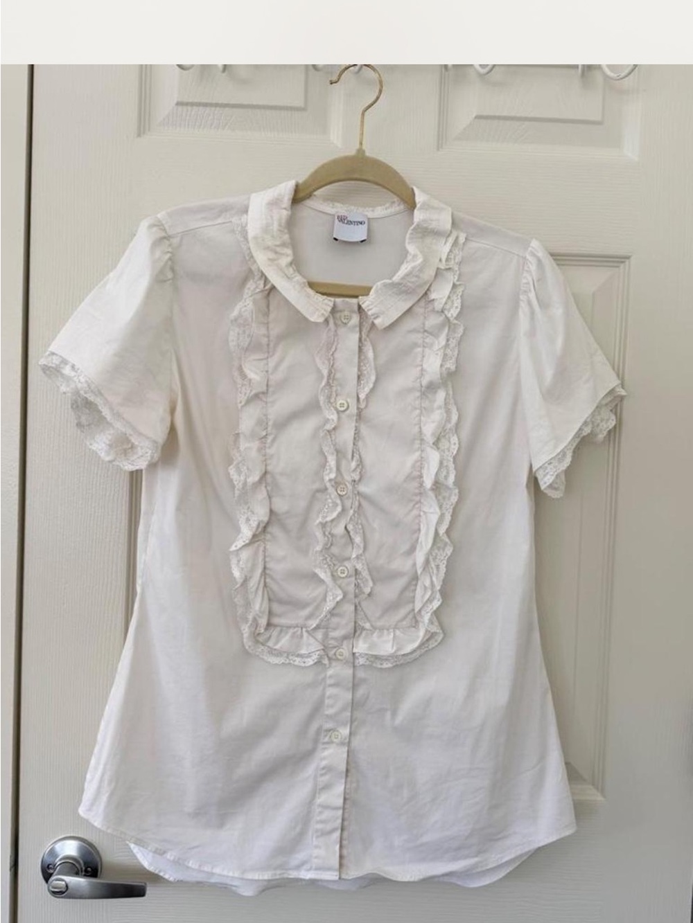 Valentino White Ruffle Lace-Trim Short Sleeve Blouse